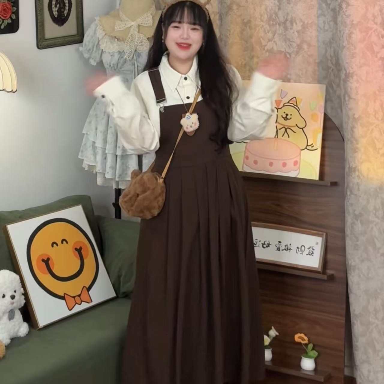 韩系复古学院风减龄背带连衣裙套装女2025秋季花边衬衫长裙两件套