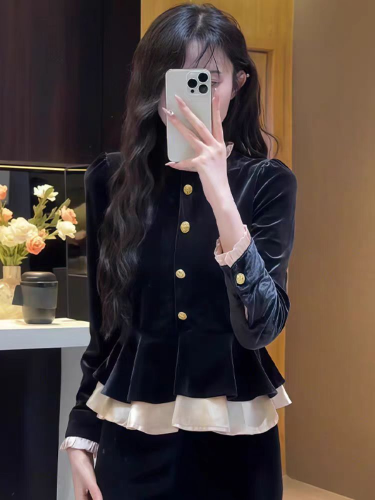 2025秋冬季穿搭新款法式复古小香风圆领长袖衬衫女黑色金丝绒上衣