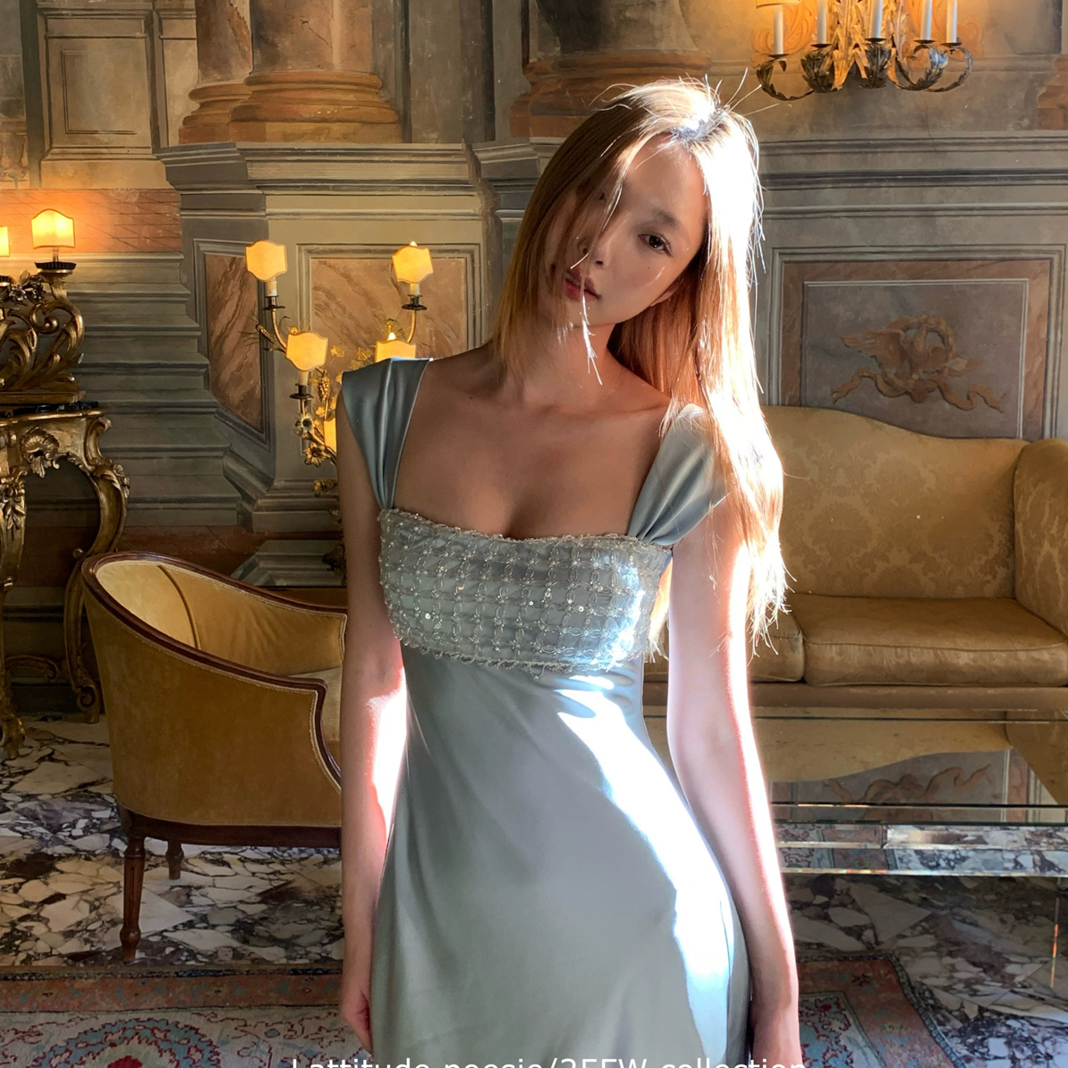 Lattitudae/杨小路 Siena缎面轻奢感宴会礼服裙重工珠片吊连衣裙