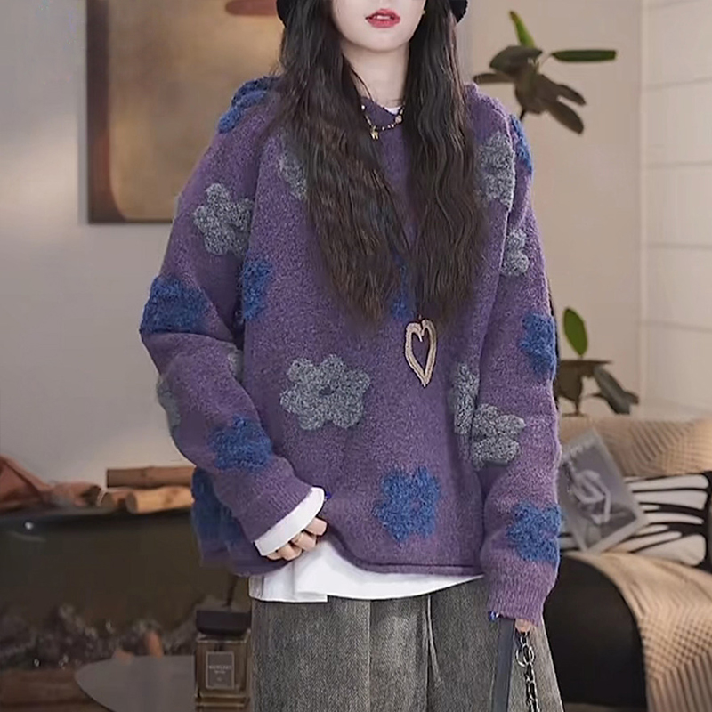 【花朵毛衣】毛绒感花朵刺绣设计时尚紫色毛衣小众女装宽松慵懒帽衫