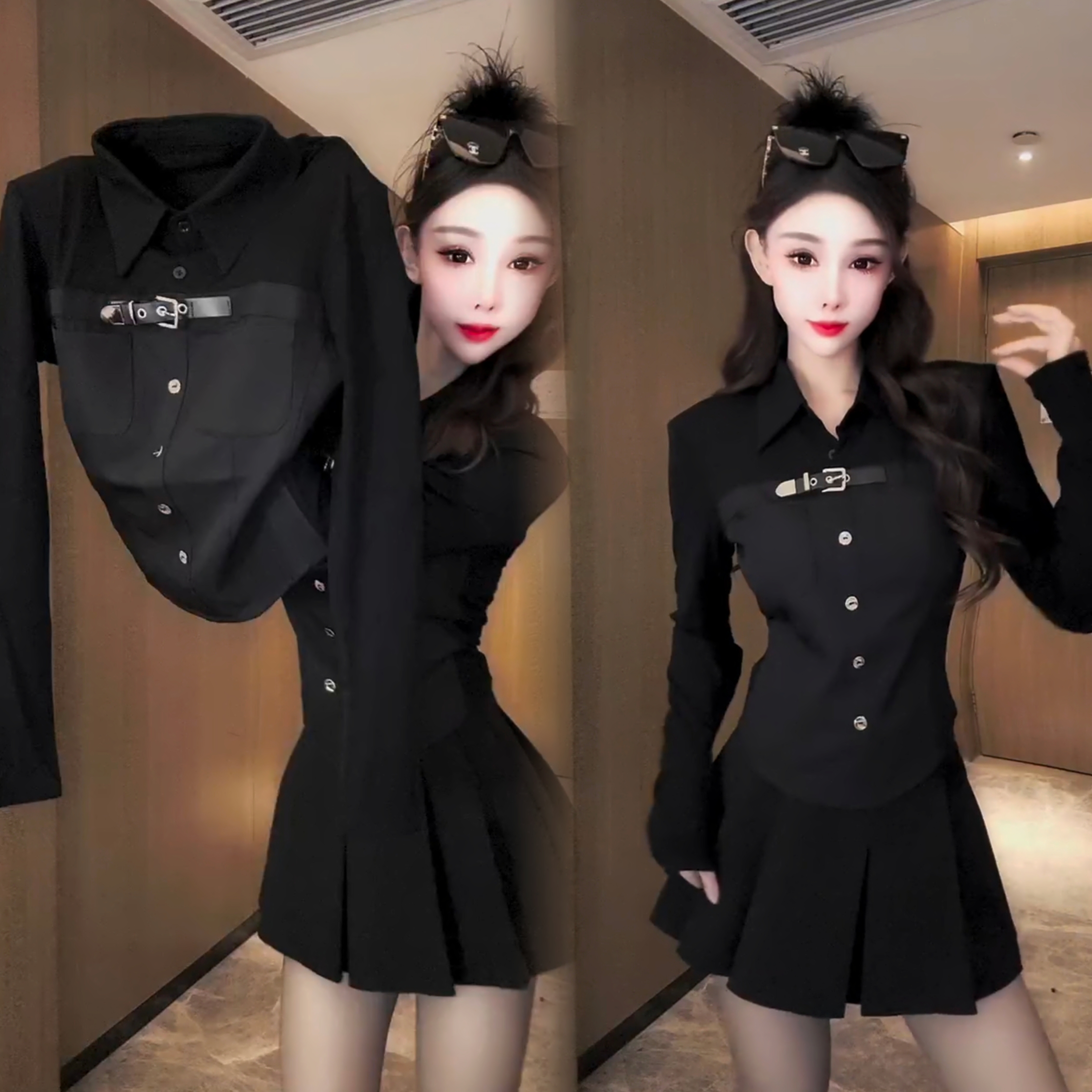 显瘦高腰长袖时尚百搭2026春季新款接衬衫女纯色设计感修身拼接