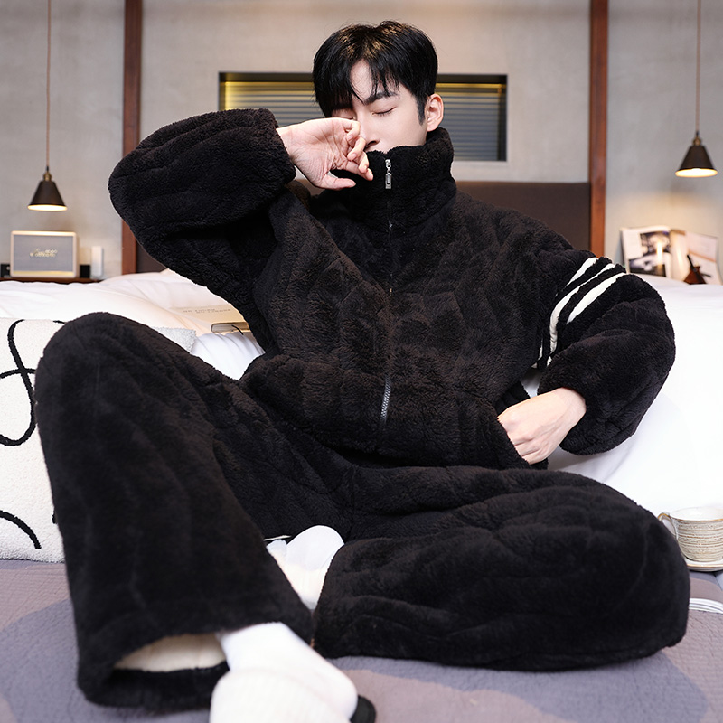 睡衣男秋冬季加厚加绒三层夹棉保暖珊瑚绒休闲大码男士家居服套装
