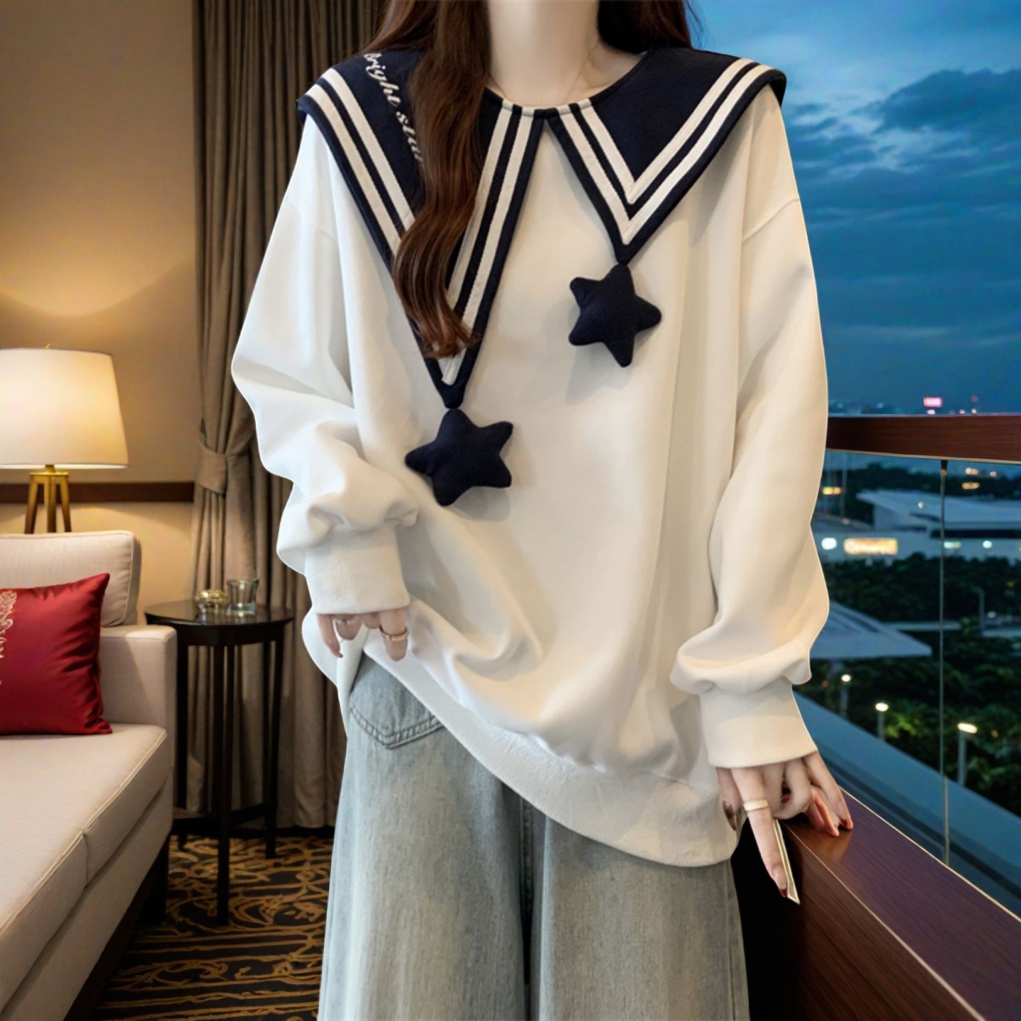 出游季韩版时尚撞色水手领上装立体卫衣女秋冬胖mm宽松显瘦微胖穿