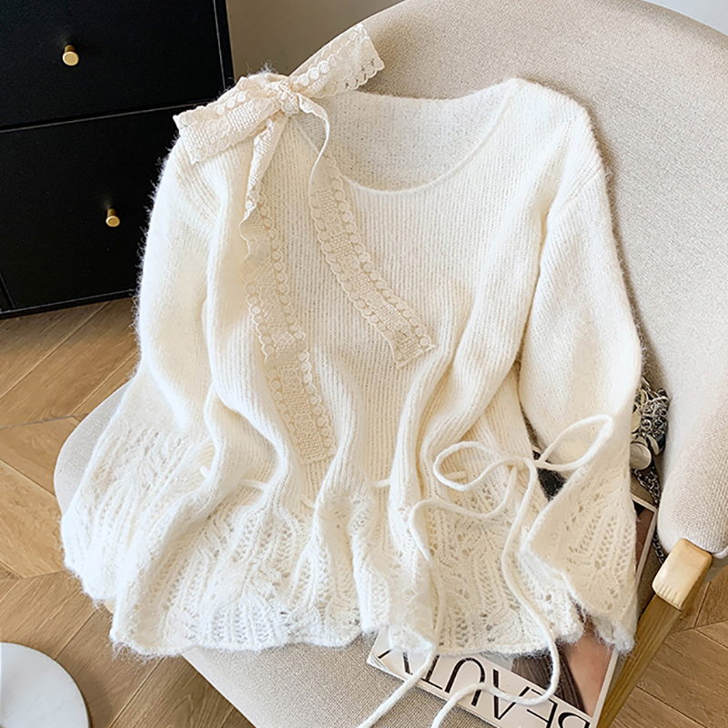 2025秋季新款蕾丝蝴蝶结长袖毛衣女设计感洋气收腰系带针织衫上衣