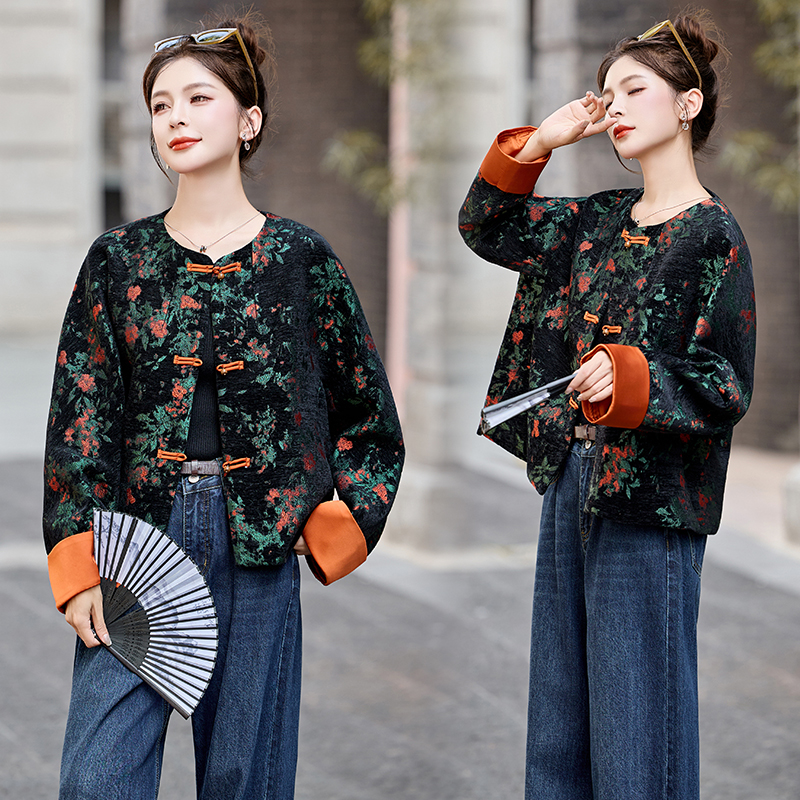 新中式国风提花短外套女秋季2025新款宽松显瘦撞色翻边袖口上衣潮