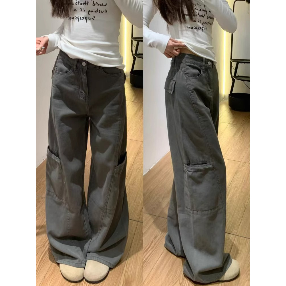 美式复古阔腿牛仔工装裤女夏季新款高腰宽松显瘦垂感直筒拖地裤子