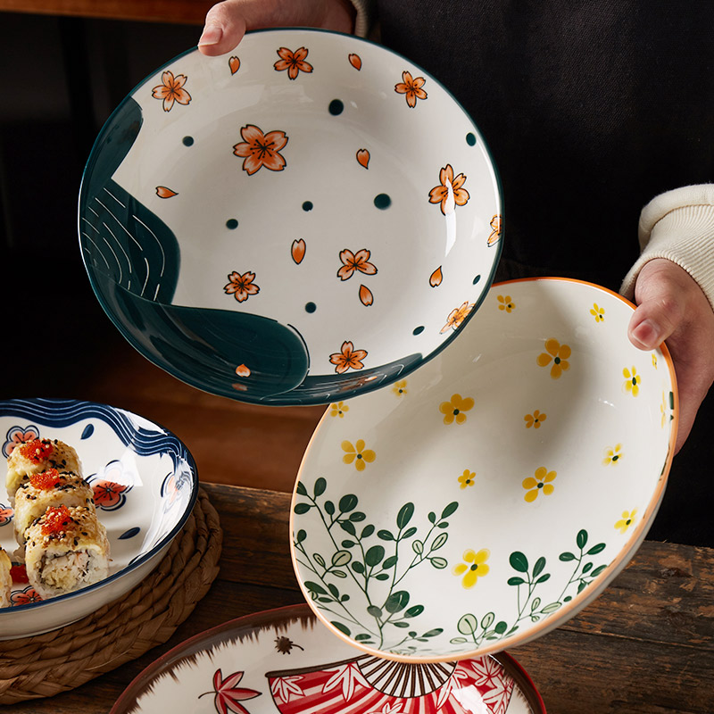 陶瓷盘子4个装复古餐具釉下彩插画手绘风日式卡通汤盘子8寸落花