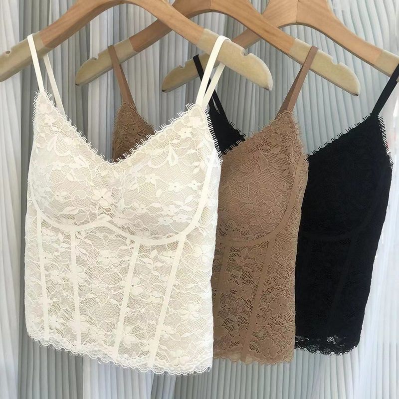 独特复古法式蕾丝V领吊带背心女带胸垫纯欲性感显瘦打底内搭上衣】
