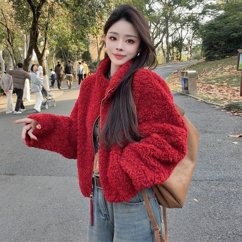 时尚毛毛立领短款外套女2025冬季新款宽松显瘦加厚保暖外套上衣