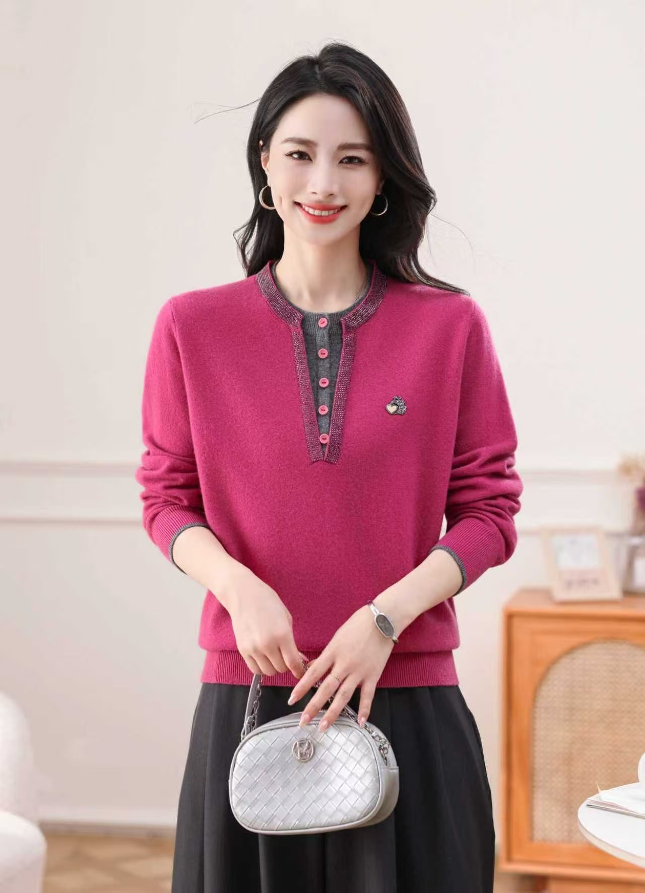 【圆领烫钻】时尚烫钻假两件羊毛衫（60153）洋气网红秋冬百搭女士