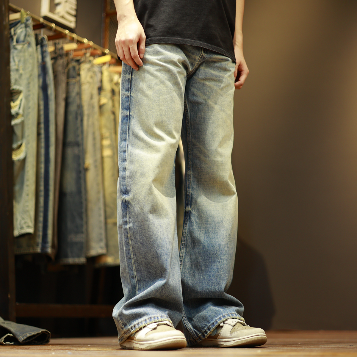 JK3302宽松水洗复古做旧简约百搭休闲男士阔腿牛仔裤