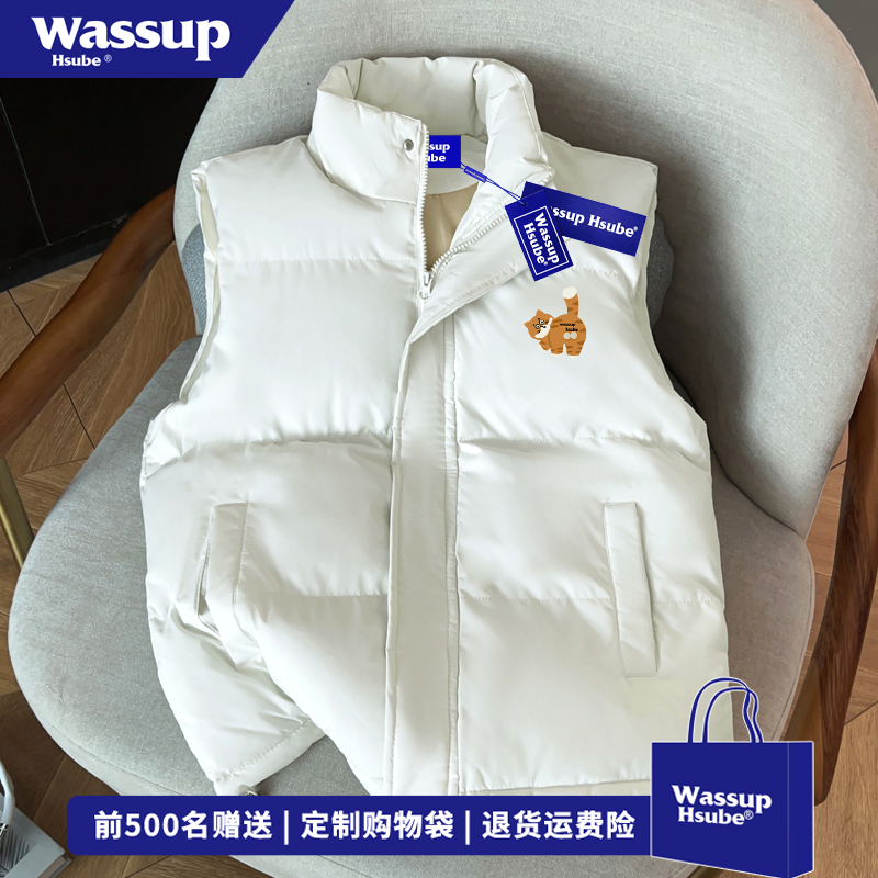 WASSUP HSUBE趣味卡通小猫印花立领马甲男女秋冬季慵懒风情侣外套