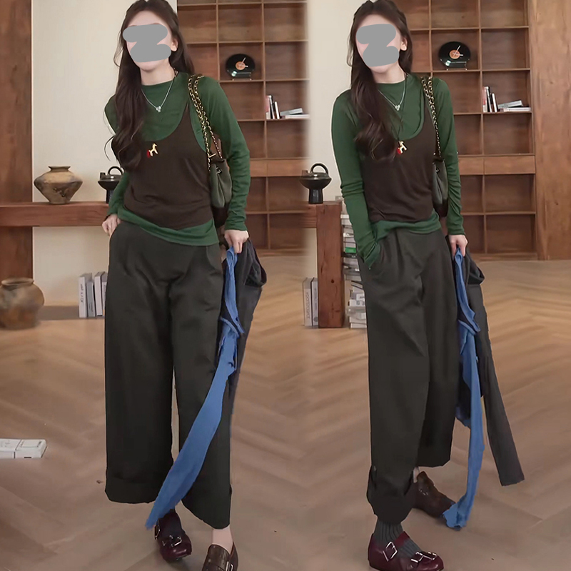韩系高级感绿色长袖t恤女2025春秋季新款时髦叠穿吊带背心上衣女