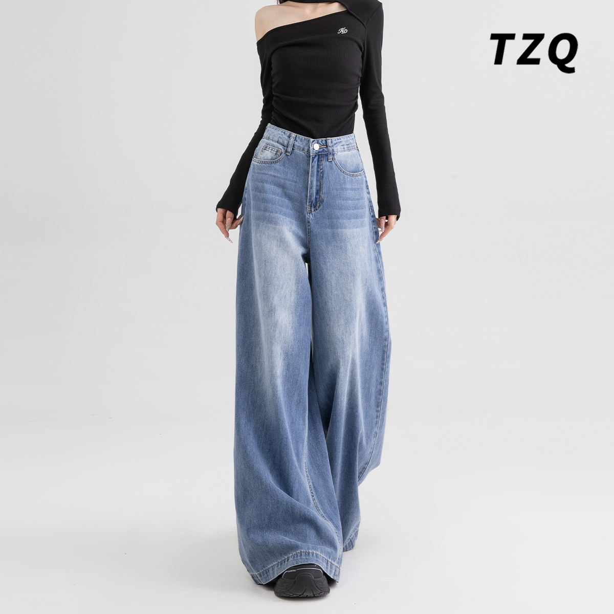 2025夏季款水洗蓝做旧直筒牛仔裤女高腰宽松拖地阔腿裤TZQ110542