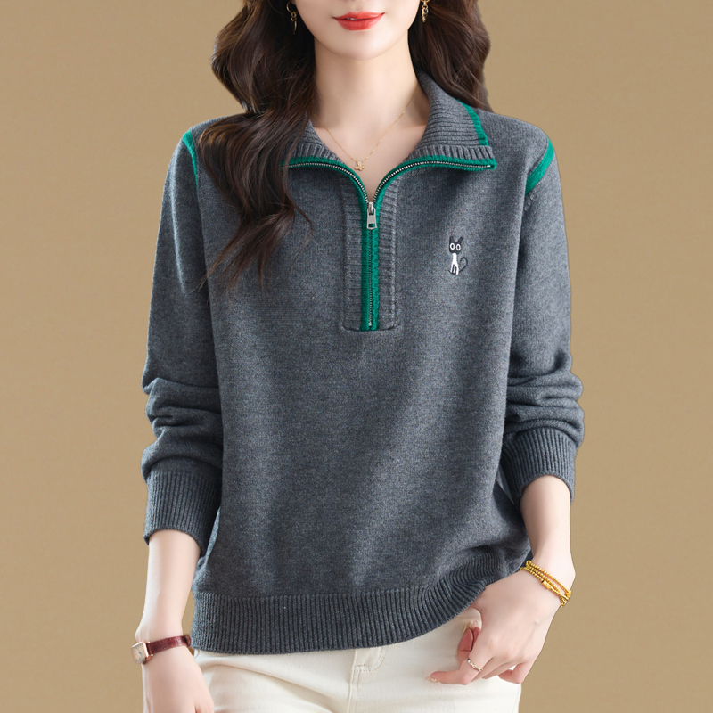 半拉链气质翻领毛衣女长袖秋冬季内搭大码针织衫加厚洋气打底上衣
