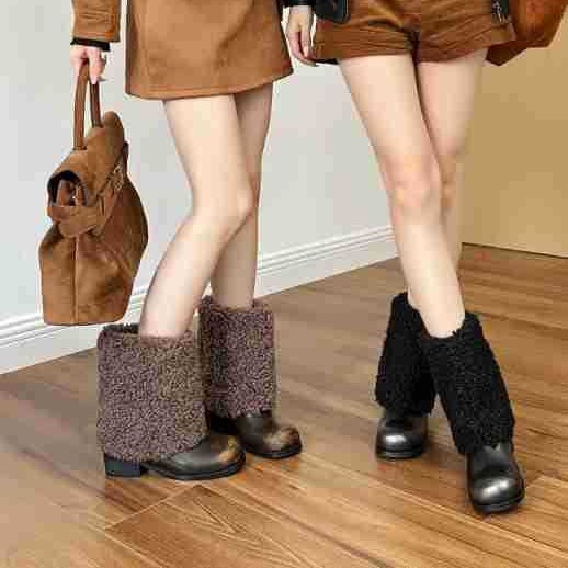 2025新款毛毛短靴圆头韩系气质靴子百搭保暖粗跟中跟时装靴女单靴