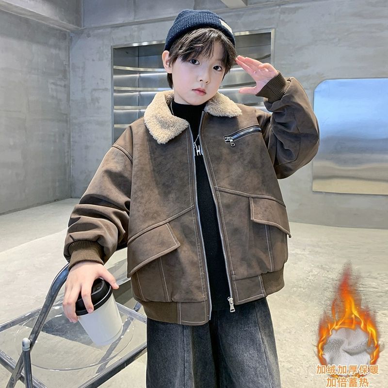 儿童装男童冬装加绒外套2025新款中大童秋冬款加厚羊羔绒冬季皮衣