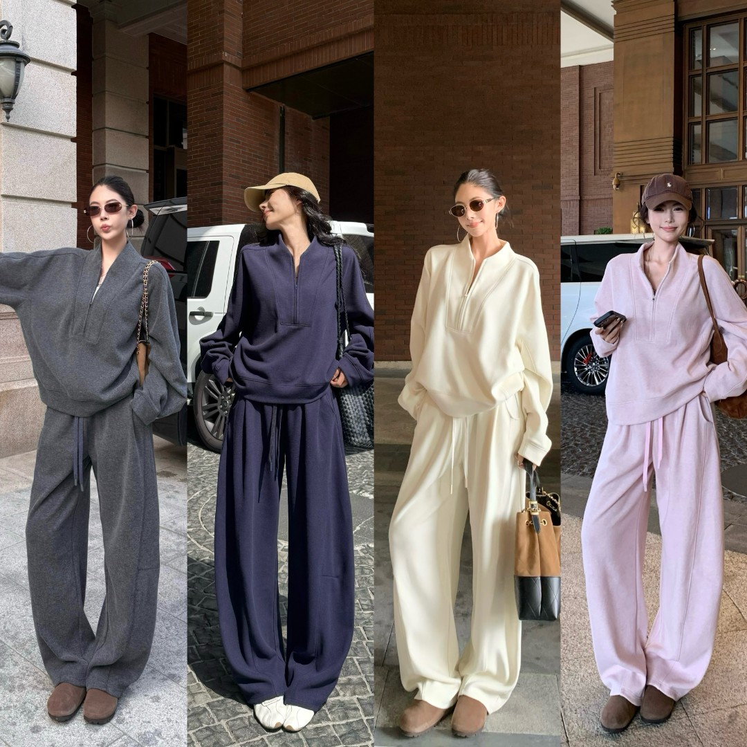 休闲风运动风老钱时尚套装灰色上衣卫衣宽松高腰系带长裤秋冬套装