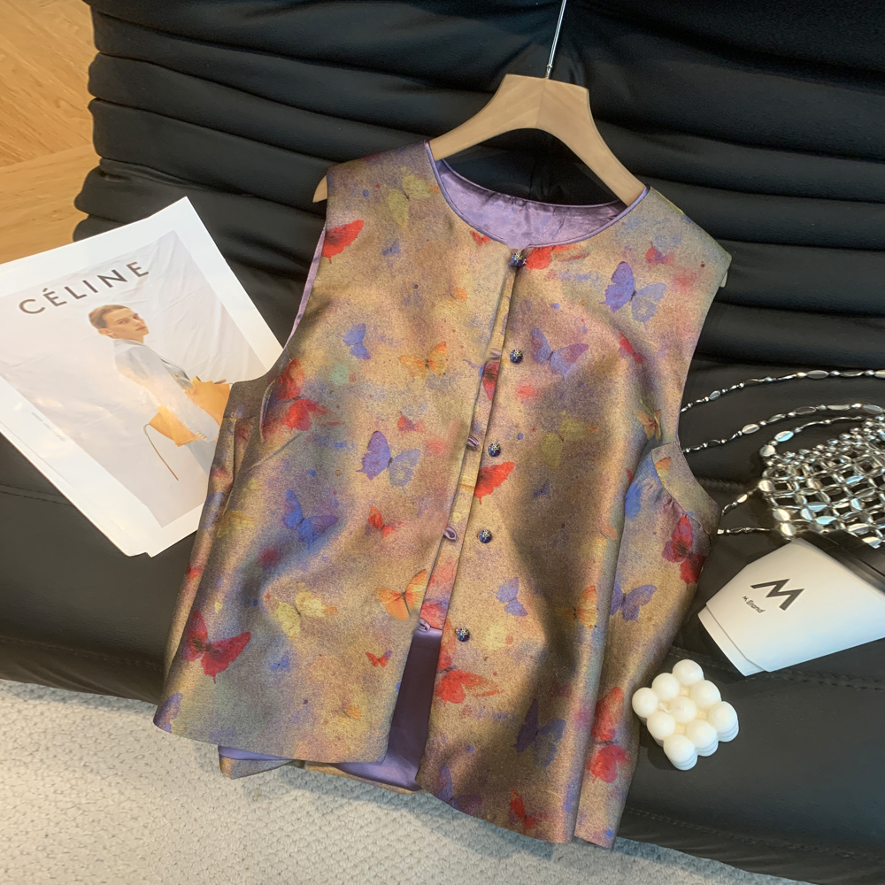 秋季新中式优雅显瘦时髦设计减龄气质宋锦提花蝴蝶百搭马甲上衣女