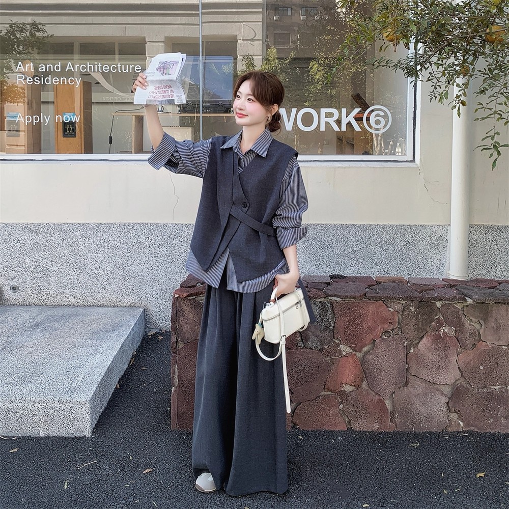 不规则马甲条纹衬衫阔腿裤套装女春秋季松弛感三件套大方得巨好看