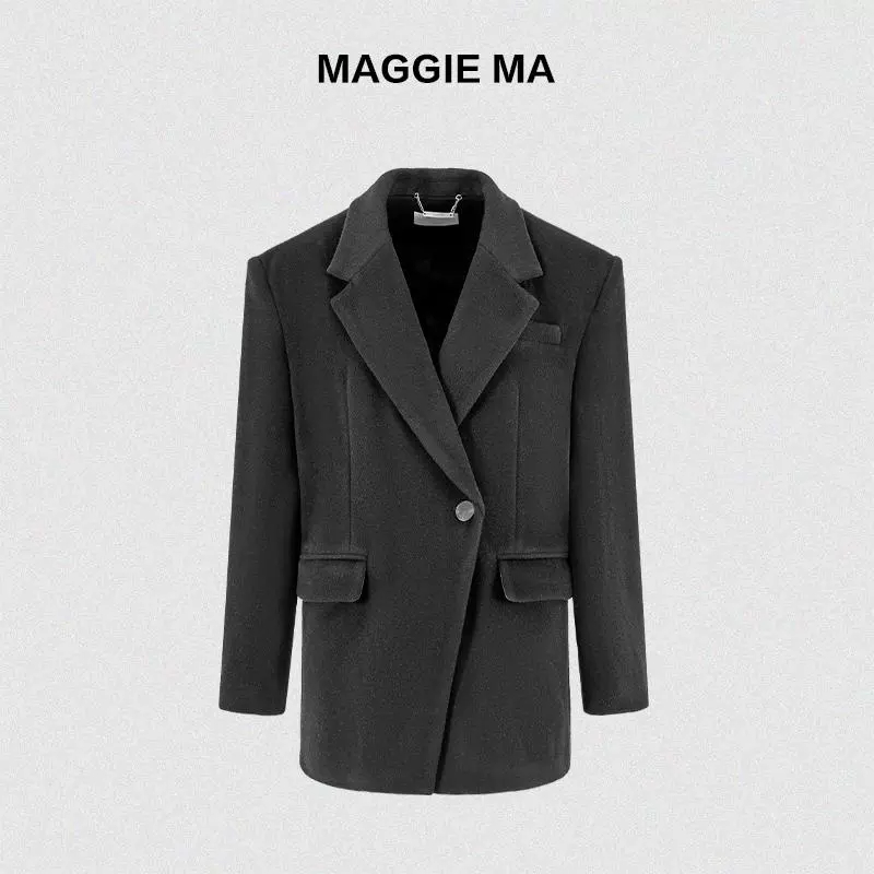 MAGGIE MA马婧老钱风一粒扣休闲黑色阔形简约西装外套春秋870C
