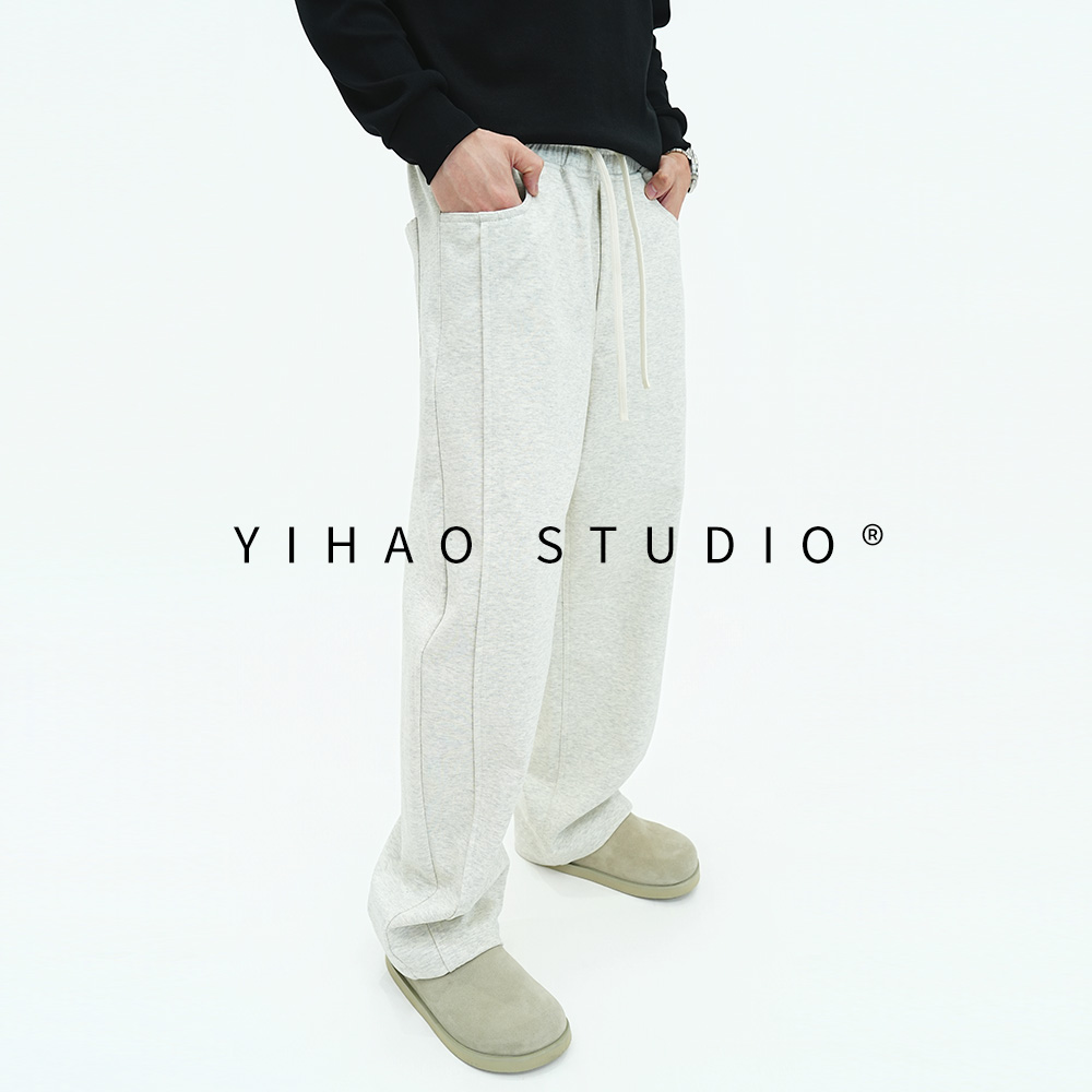 YIHAO STUDIO秋季男款高级潮流弯刀休闲裤百搭宽松黑色运动长裤