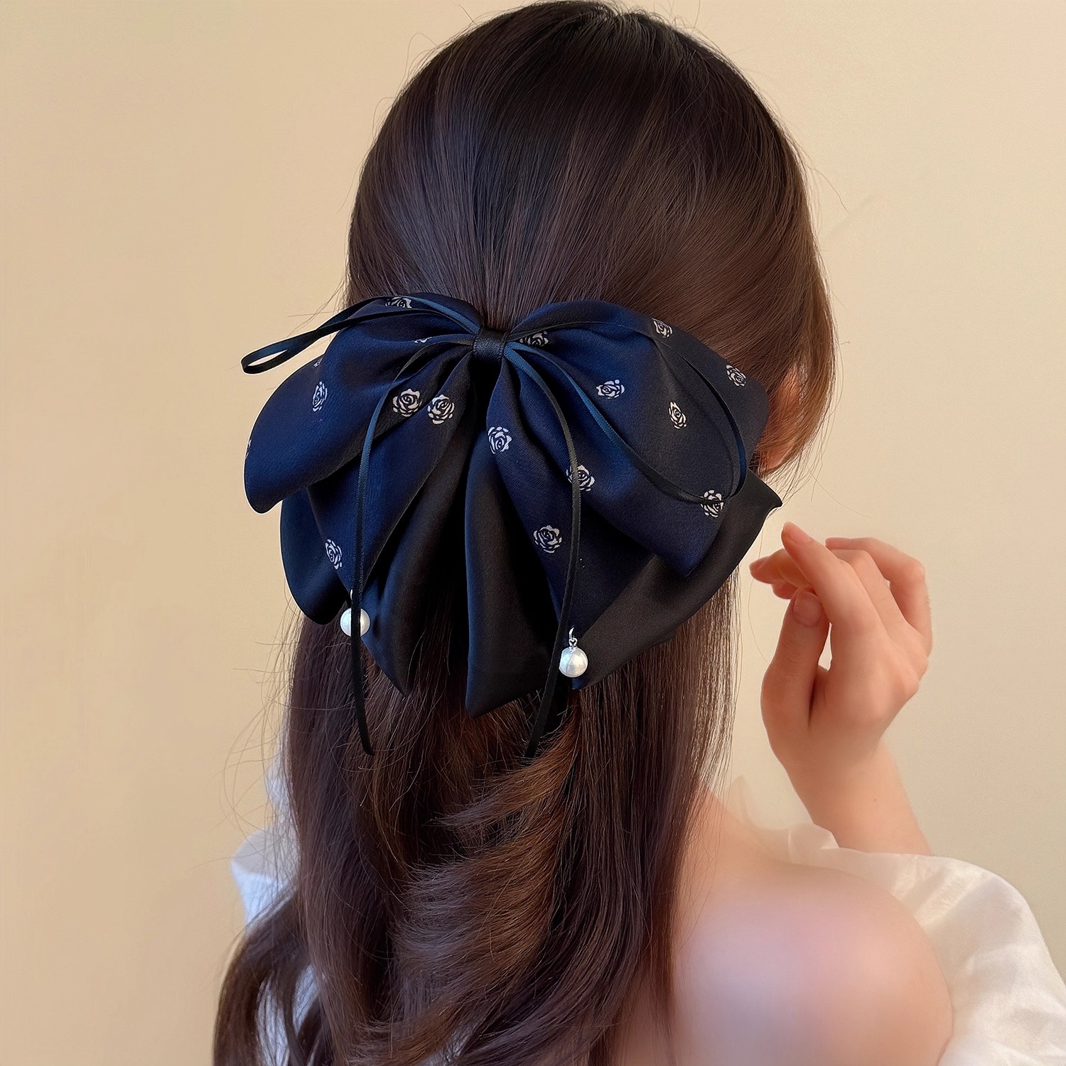 轻奢丝带珍珠缎面蝴蝶结马尾夹经典百搭玫瑰印花发饰法式时尚发夹