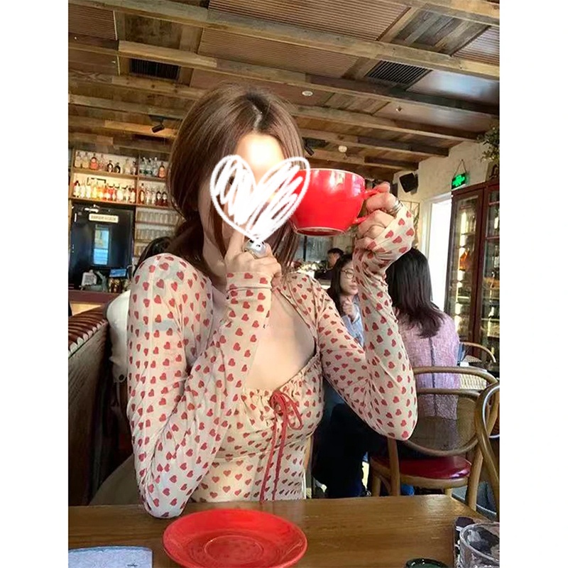 纯欲系带方领长袖T恤女秋冬修身内搭打底衫红色爱心印花网纱上衣