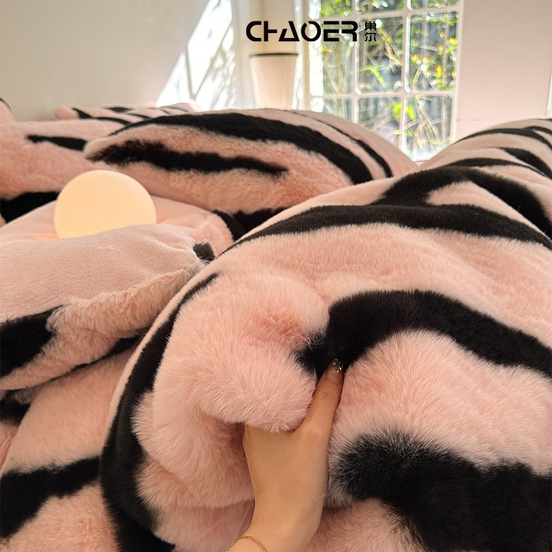 【南通好家纺】巢尔高端豹纹双面牛奶绒床上四件套兔毛绒冬季加厚