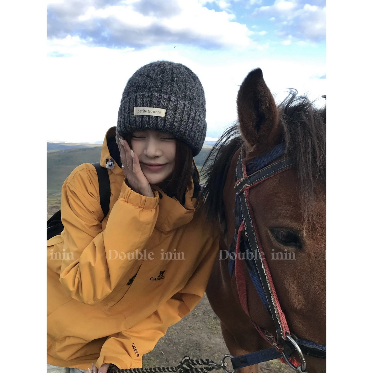 Double inin 韩系文艺绞花针织毛线帽女秋冬保暖显脸小包头帽