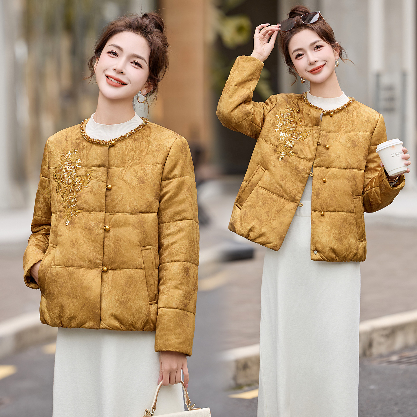 新中式国风钉珠刺绣棉服女2025年冬季新款高级感气质短款棉衣外套