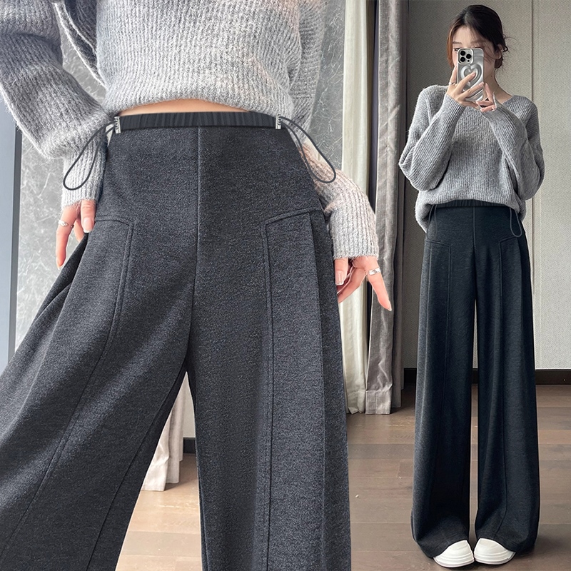孕妇裤子秋冬季外穿加绒毛呢休闲裤复古窄版阔腿裤直筒显瘦弯刀裤