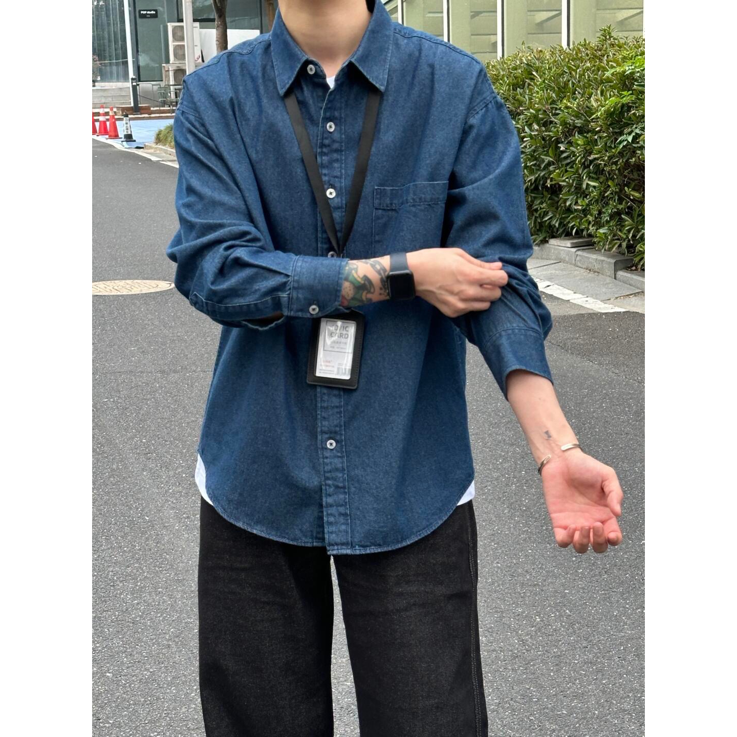 深蓝色牛仔衬衫男春秋款韩版潮流宽松长袖上衣高级感工装衬衣外套