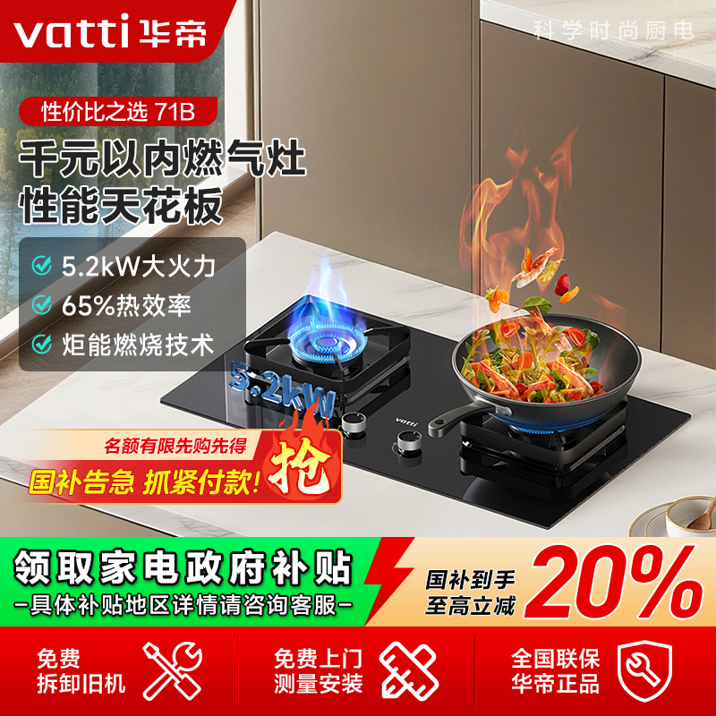 Vatti/华帝71B华帝燃气灶一级能效5.2kW猛家用节能双灶天然气灶具