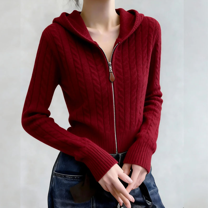 秋冬新款连帽针织衫毛衣女时尚百搭气质轻熟风上衣设计感别致小衫