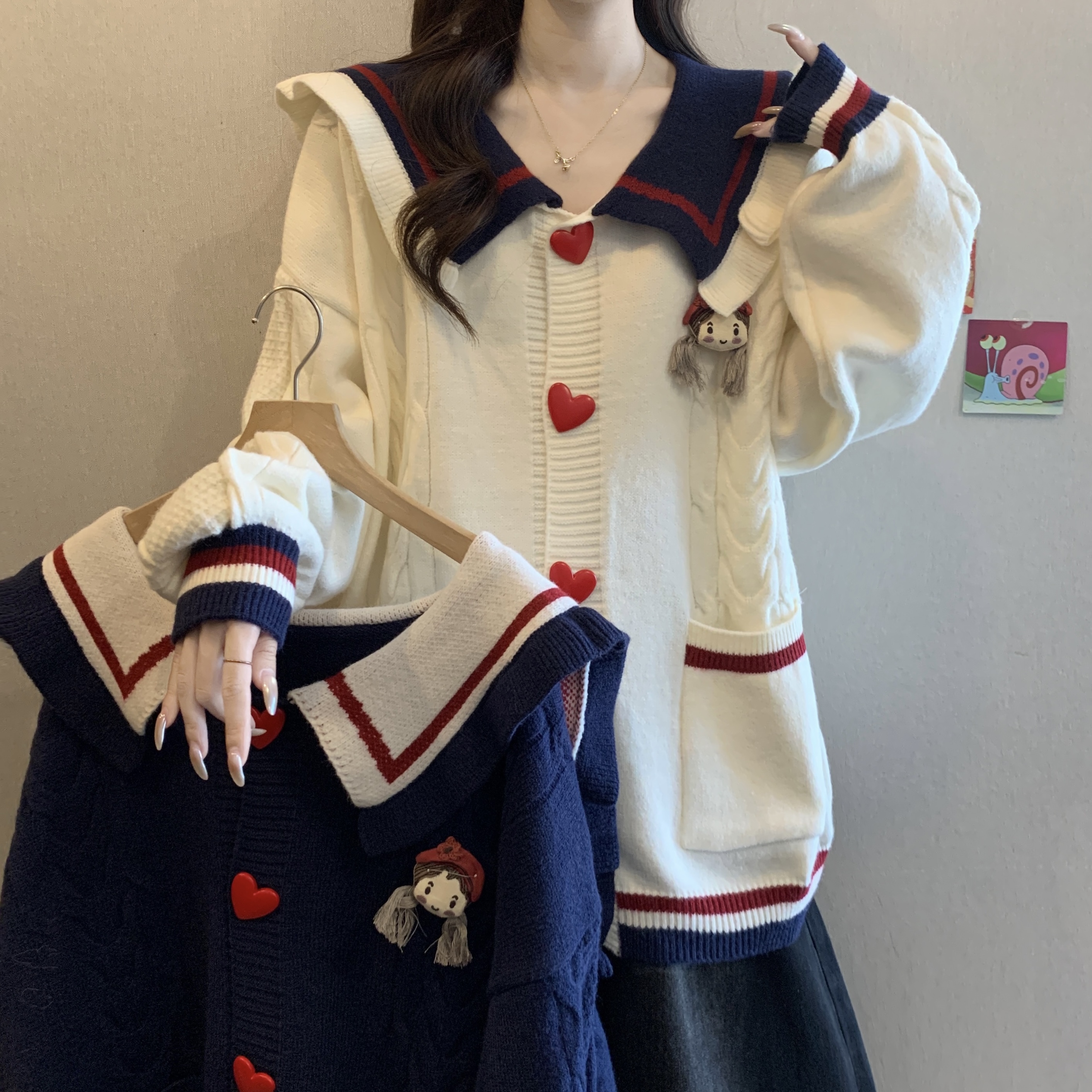 学院风海军领红色爱心扣针织衫女秋冬胖妹MM慵懒显瘦减龄百搭外套