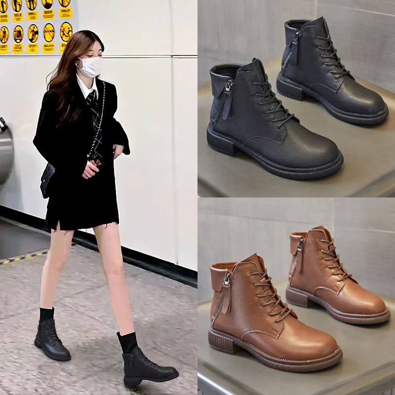 系带厚底秋冬短筒马丁靴侧拉链短筒骑士靴英伦风平底大码41.43