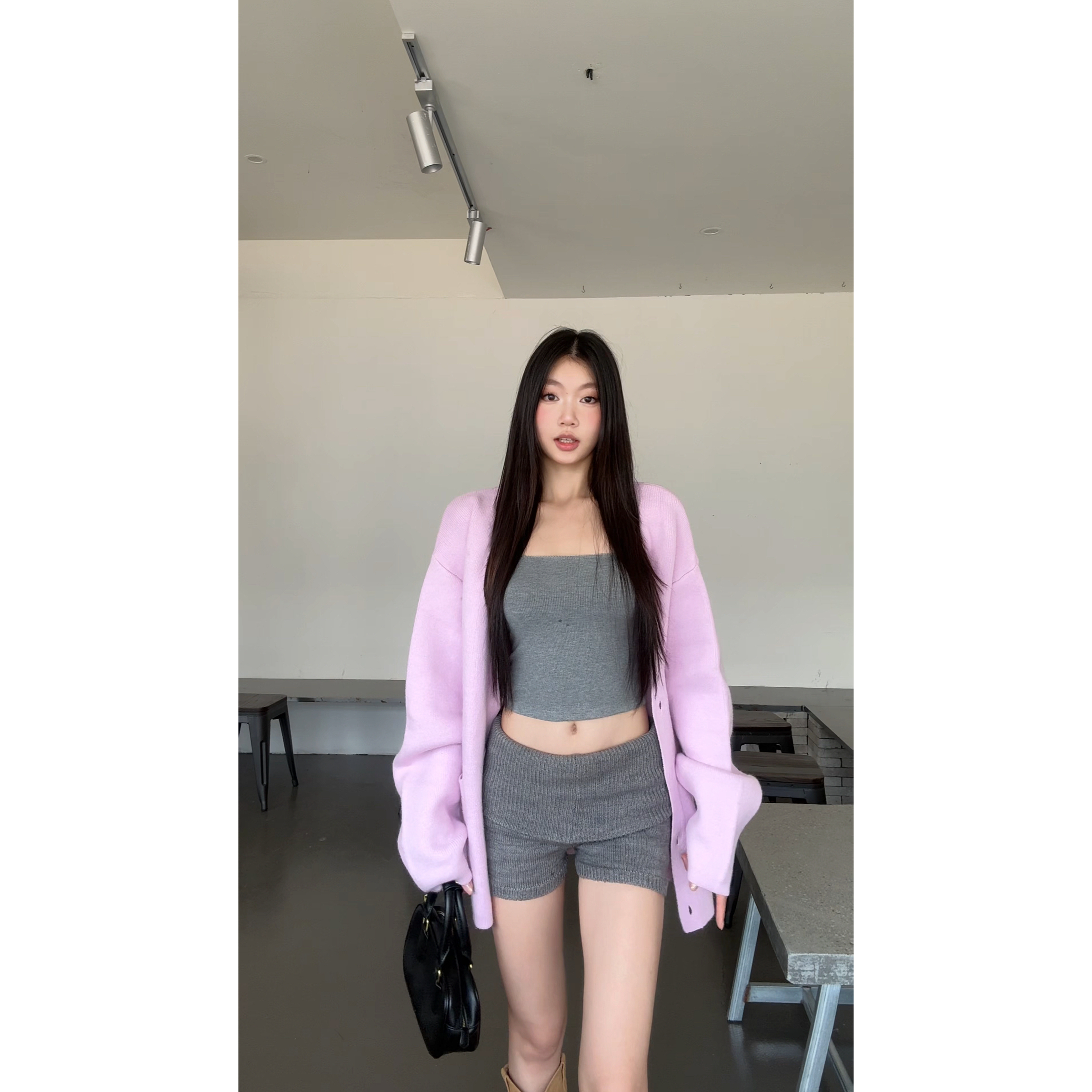 withmin凉皮 辣妹秋冬针织内搭毛衣外套短款百搭短裤套装2524579