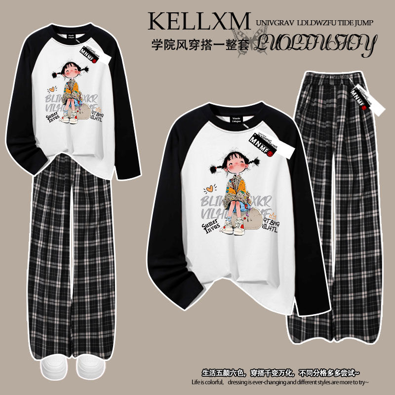 2025早秋新款卡通小女孩印花女童插肩长袖t恤格子裤套装休闲百搭