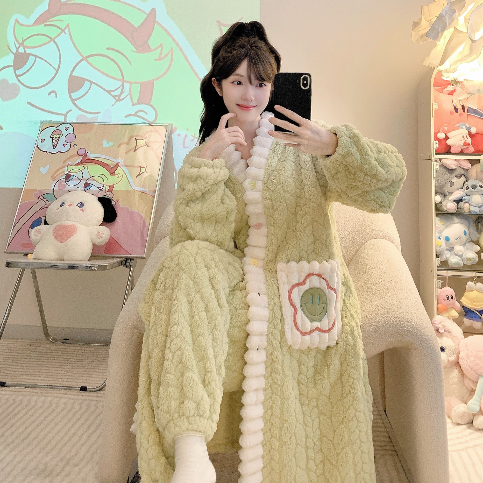大码加肥胖mm220斤长款睡袍睡裤套装冬季珊瑚绒保暖家居服可外穿