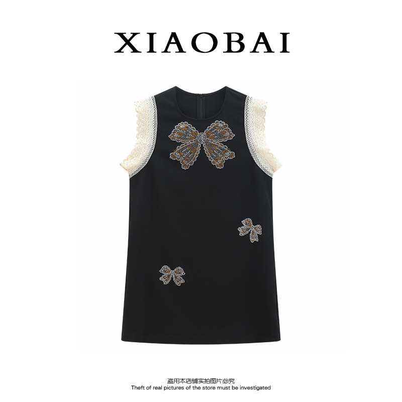 XIAOBAI 黑色清凉无袖连衣裙夏季蕾丝气质时尚圆领裙子松弛感女装