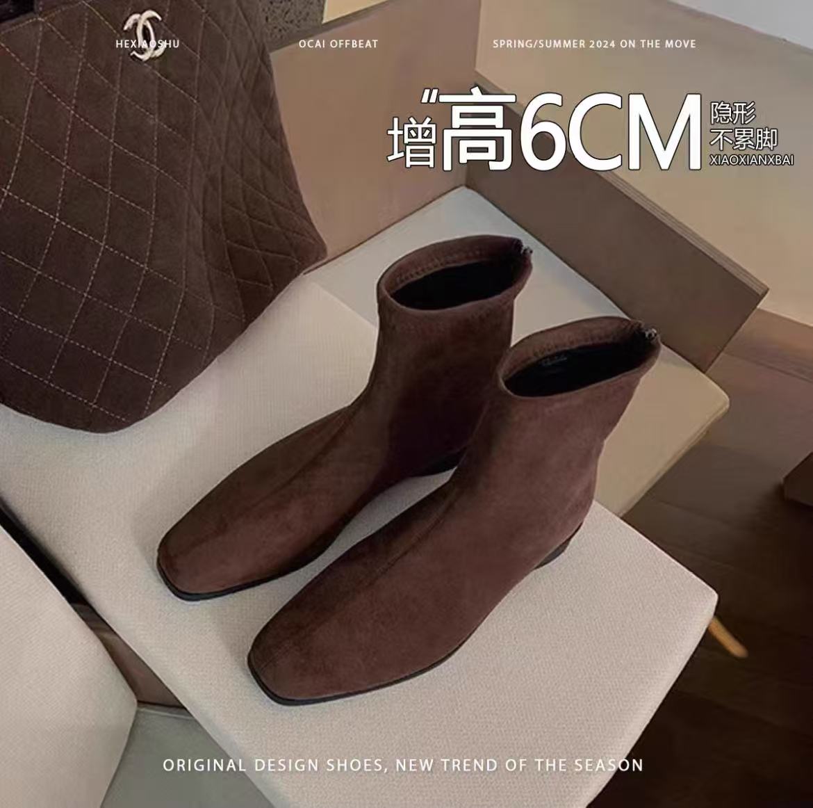 复古小个子内增高加绒小短靴女2025新款百搭方头瘦瘦靴时装靴