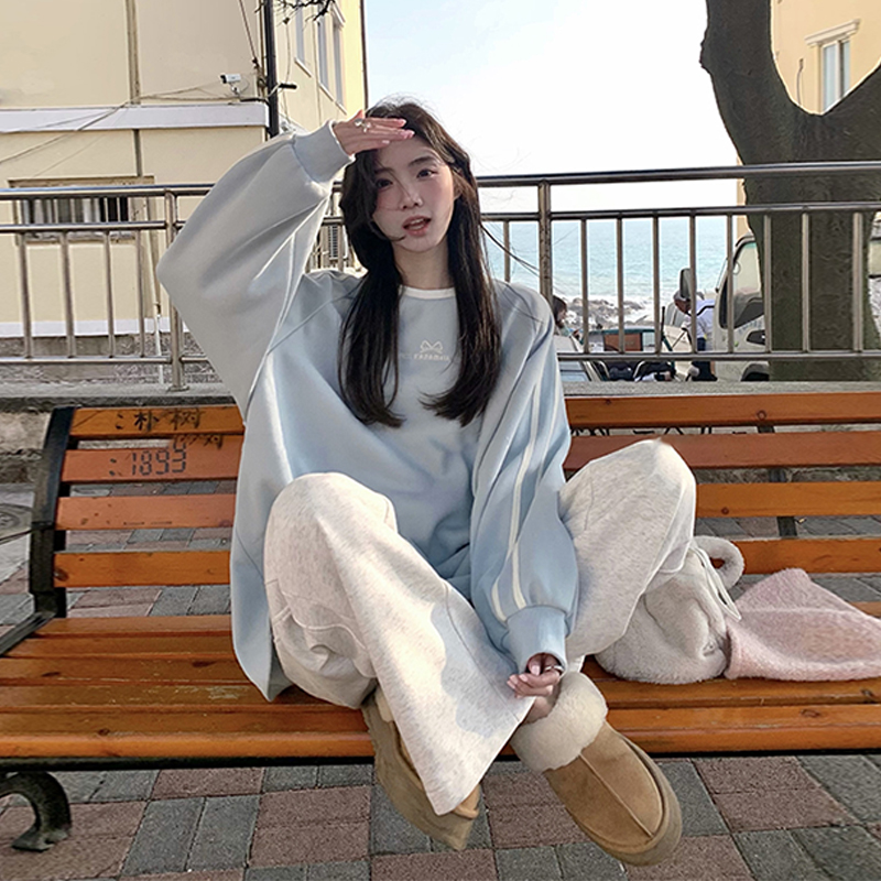 网红奶蓝慵懒圆领条纹卫衣女春秋插肩袖拼接撞色长袖上衣薄款ins