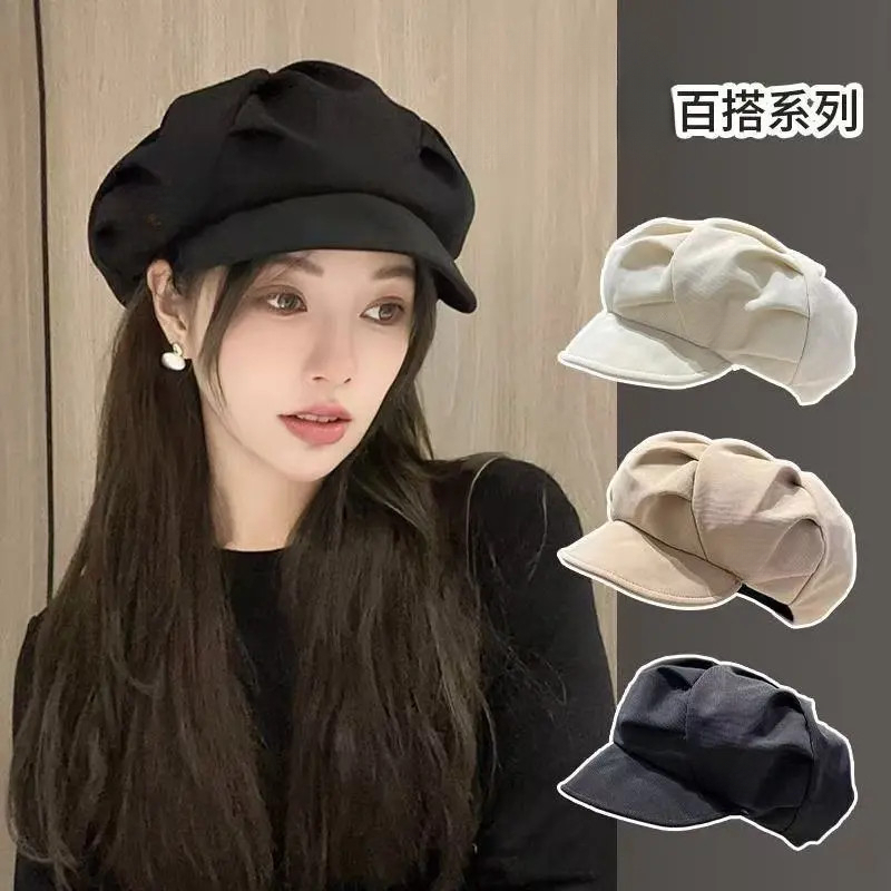 新款云朵贝雷帽女春季休闲百搭皱褶八角帽显脸小画家帽一帽多戴