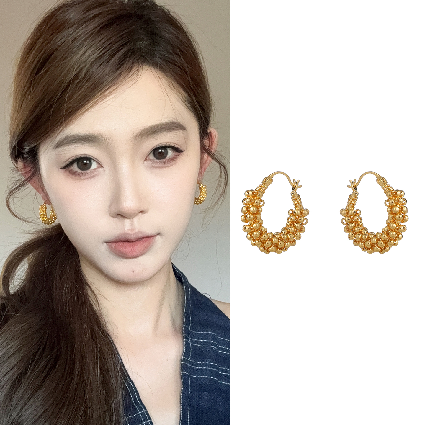 oushipei/欧诗佩 铜合金耳饰 轻奢百搭金属串珠小圈圈耳环女