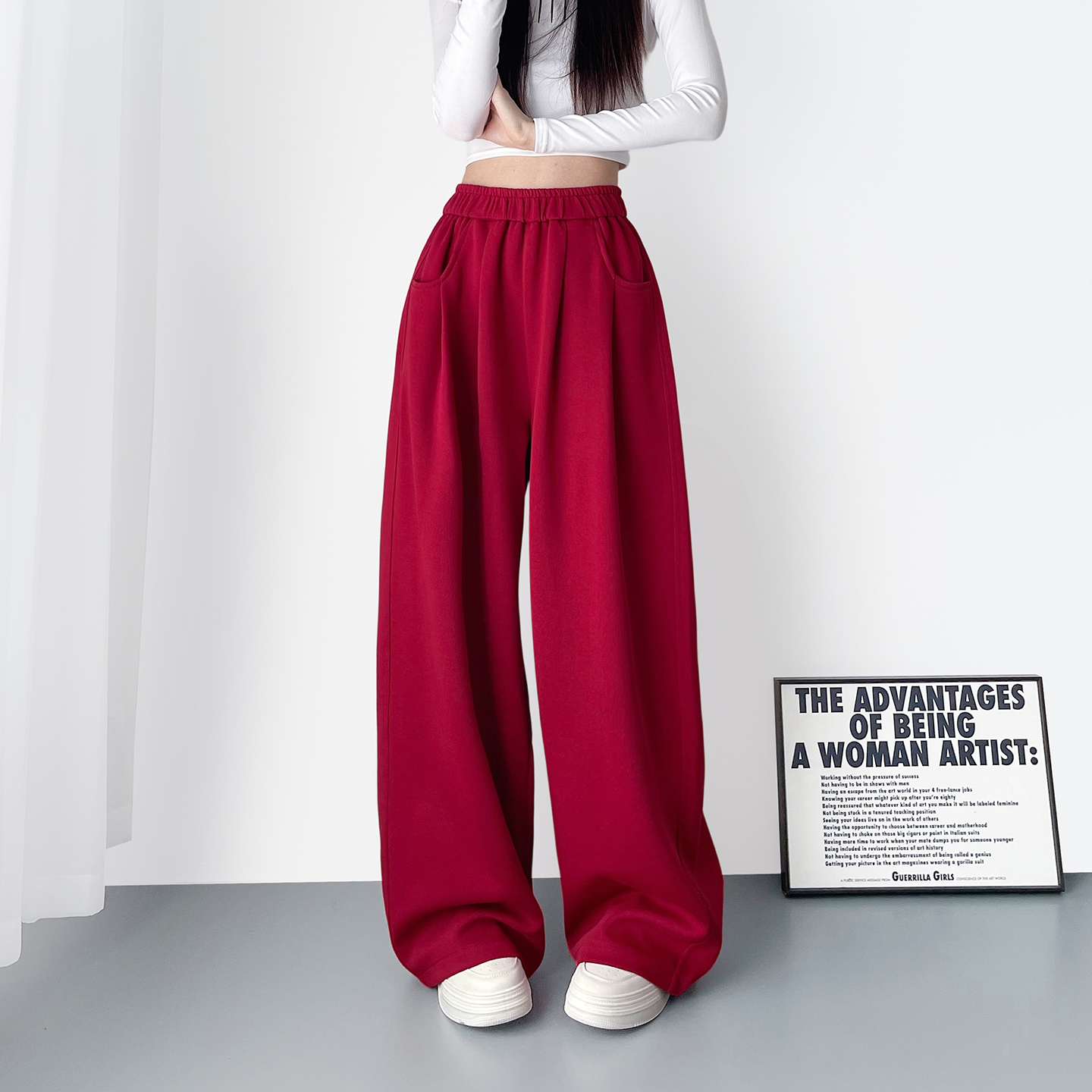 大码红色软糯奶芙阔腿裤女秋冬胖mm慵懒风松弛感拖地运动休闲裤子