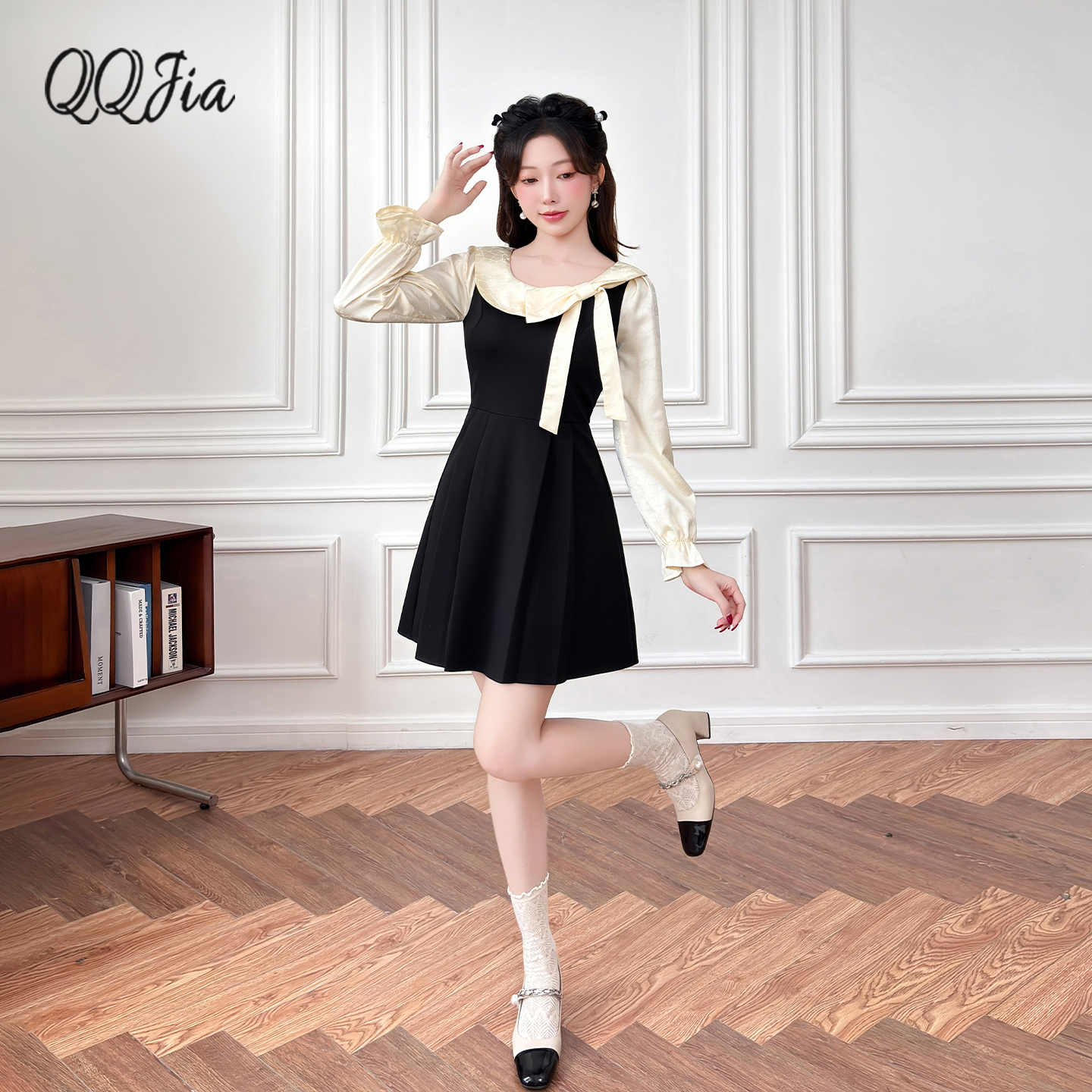 1082法式蝴蝶结连衣裙早秋穿搭千金感穿搭收腰显瘦生日礼服裙子