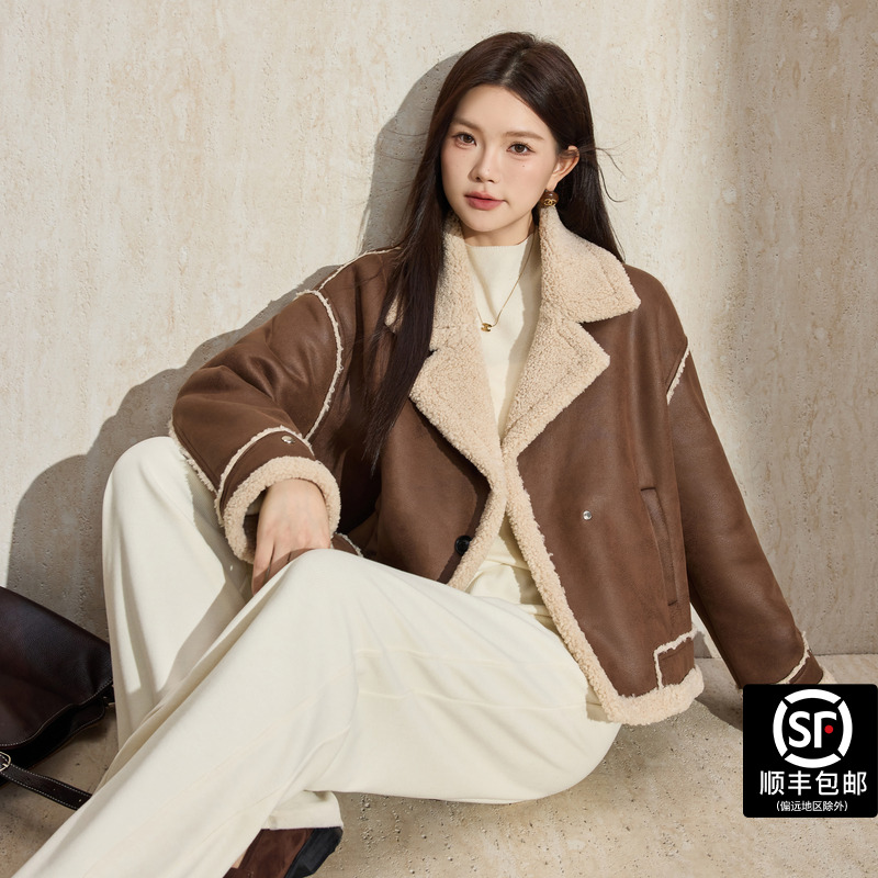 蓝语大码女装咖色麂皮绒皮毛一体短外套2025冬季新款保暖机车服