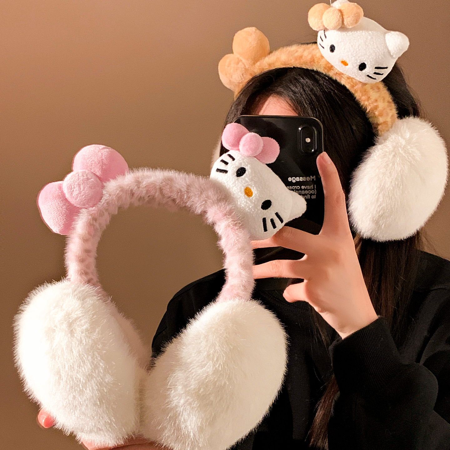 可爱Kitty猫咪豹纹毛绒耳罩女秋冬季耳捂子加绒保暖防寒骑行耳暖