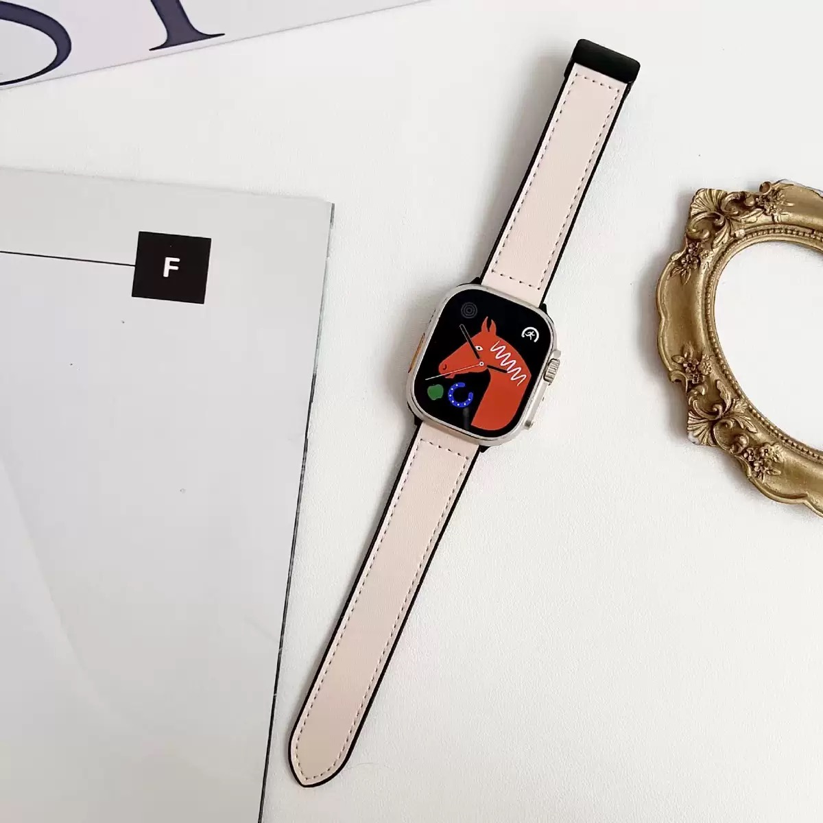 适用Apple苹果iwatchS10s9Ultra87654手表带折叠磁吸扣真皮质男女